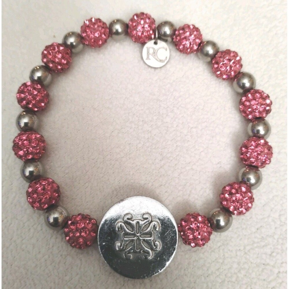 Retired Rustic Cuff Bracelet Brandi Dark Pink Silver Beaded Stretch Sparkle